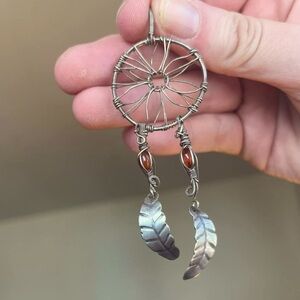 Dream Catcher Sterling Silver Wire Wrapped Pendant with Amber Beads